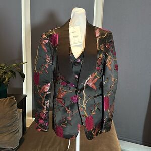 Men’s Floral Black Tuxedo Jacket & Vest Set Shawl Lapel Formal Party Size 30 NWT